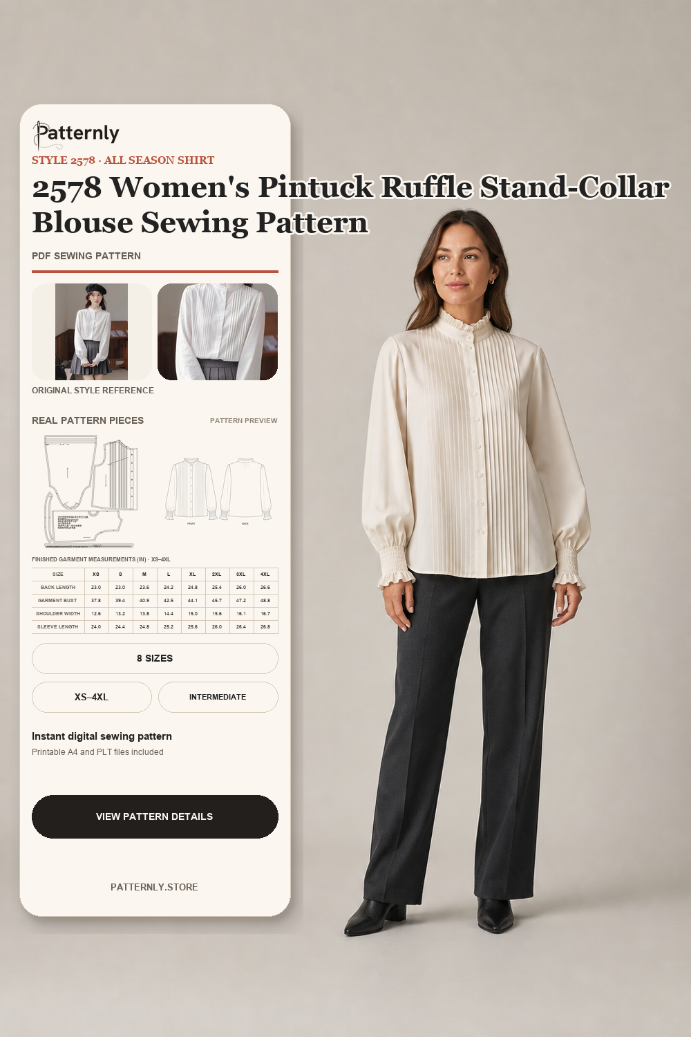 2578 Women's Pintuck Ruffle Stand-Collar Blouse Sewing Pattern cover