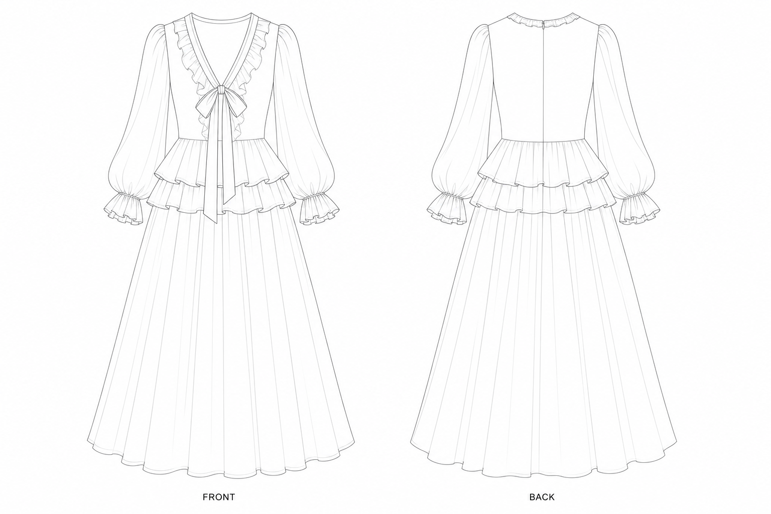 2580 Dress Sewing Pattern | Long Ruched Ruffle Maxi Dress front and back technical drawing