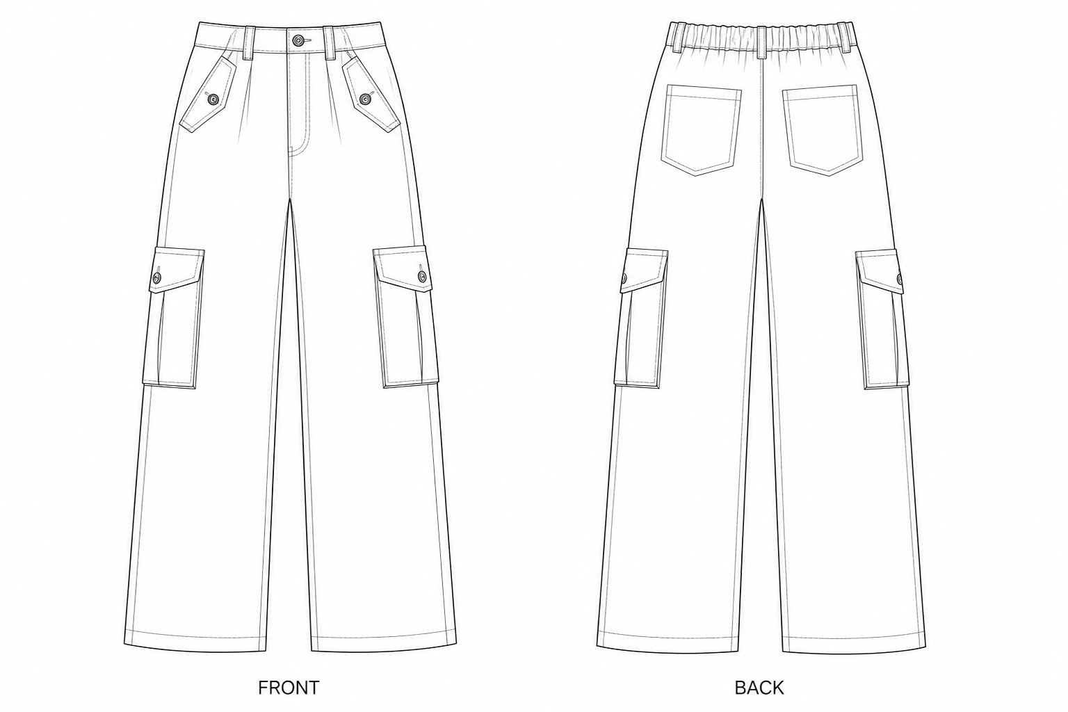 2582 Women's Cargo Pants Sewing Pattern front and back technical drawing