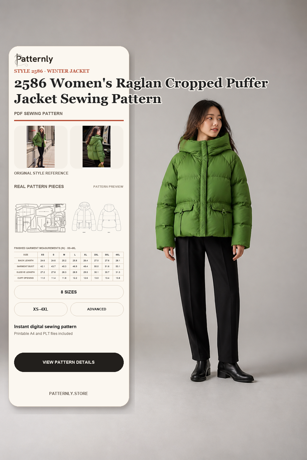 2586 Women's Raglan Cropped Puffer Jacket Sewing Pattern cover