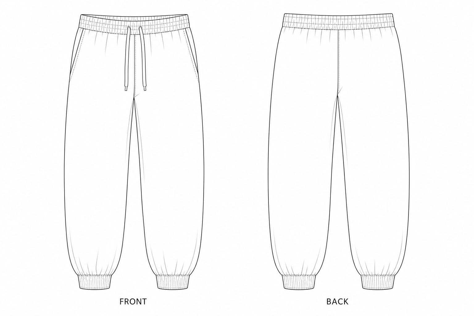 388 Pants Sewing Pattern | Men's Relaxed Drawstring Pants front and back technical drawing