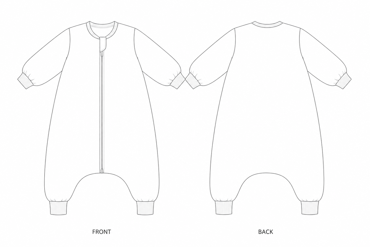 3A3650 Sleep Sack Sewing Pattern | Baby split-leg sleep sack front and back technical drawing