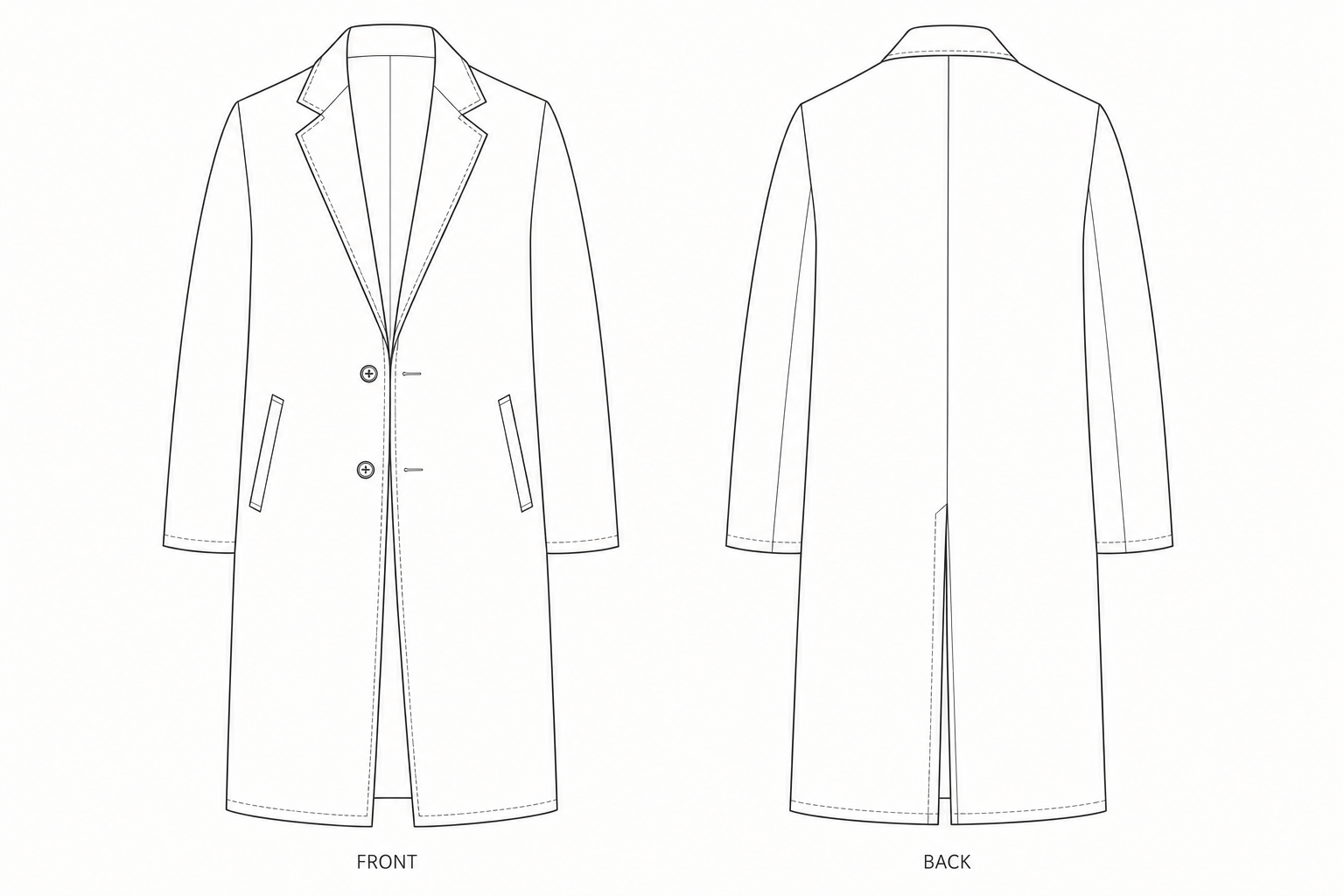 403 Coat Sewing Pattern | Men's Double Faced Wool Overcoat front and back technical drawing