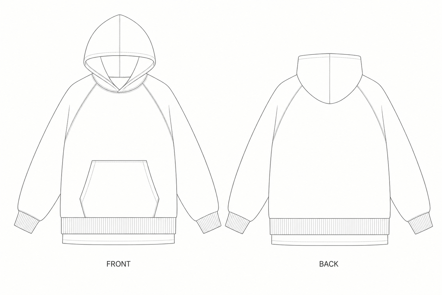 405 Sweatshirt Sewing Pattern | Unisex Raglan Hoodie front and back technical drawing