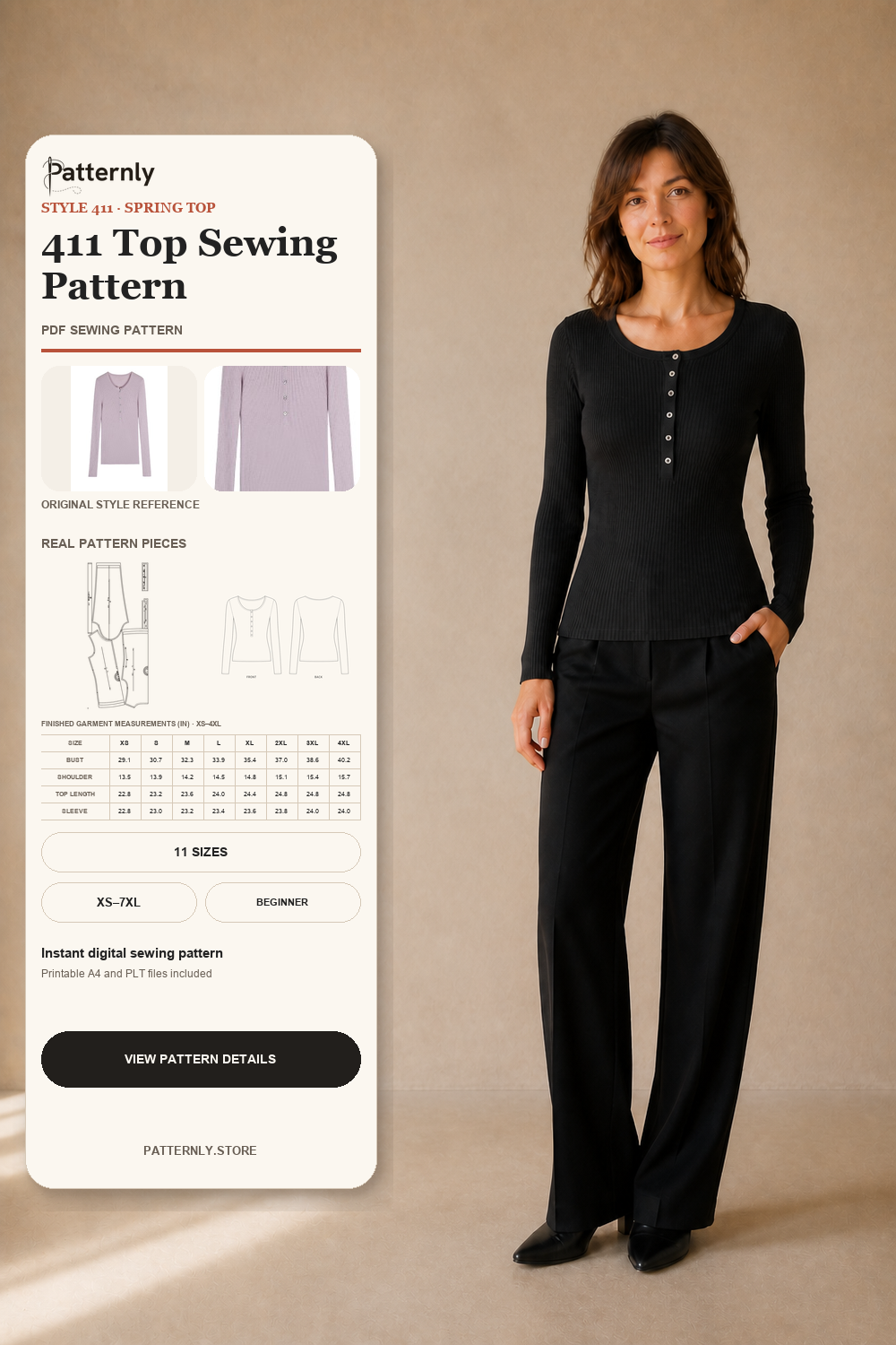 Long-Sleeve V-Neck Top Sewing Pattern 411 cover