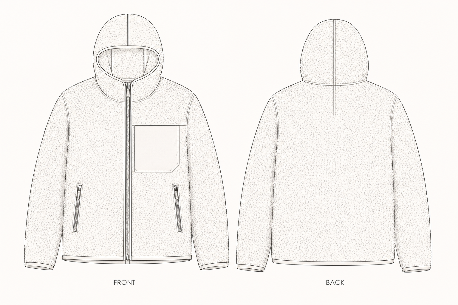 429 Sweatshirt Sewing Pattern | Sherpa Hooded Zip Jacket front and back technical drawing