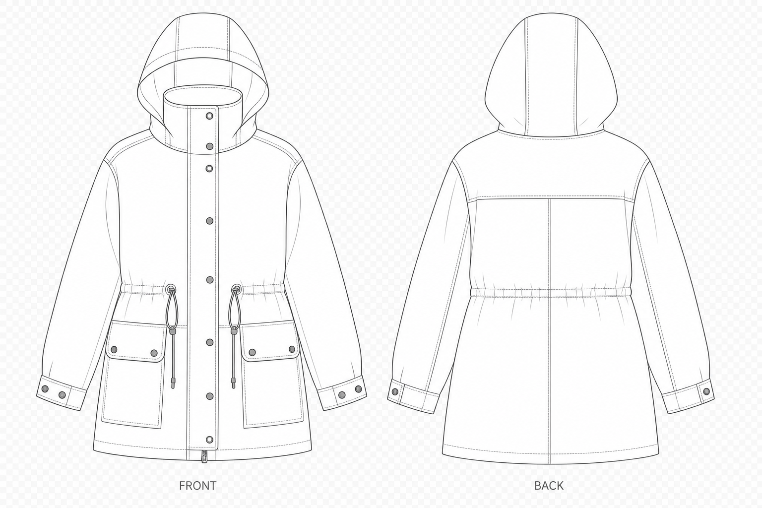 441 Coat Sewing Pattern | Women's Utility Hooded Parka front and back technical drawing