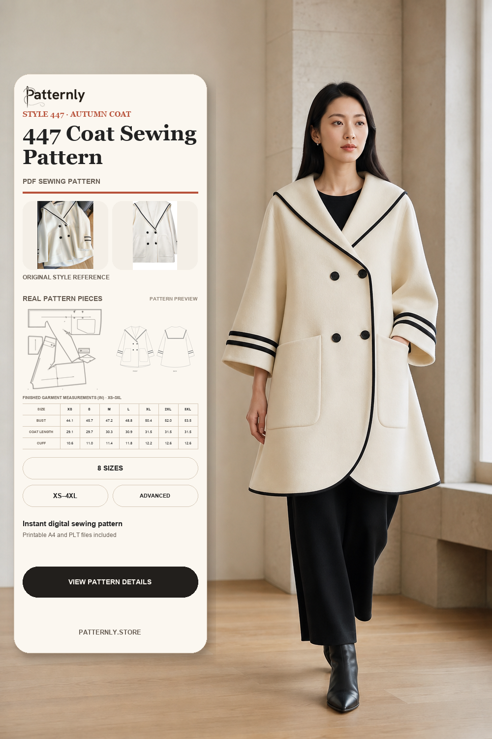 Sailor-Collar Double-Faced Coat Sewing Pattern 447 cover