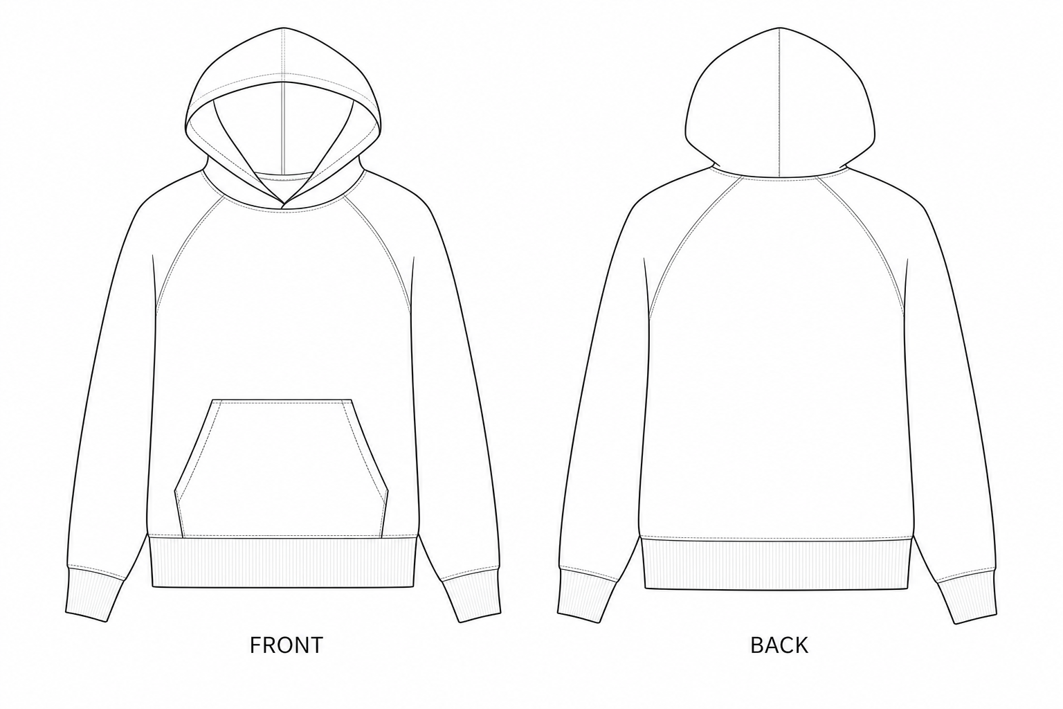 454 Sweatshirt Sewing Pattern | Women's Raglan Hoodie front and back technical drawing