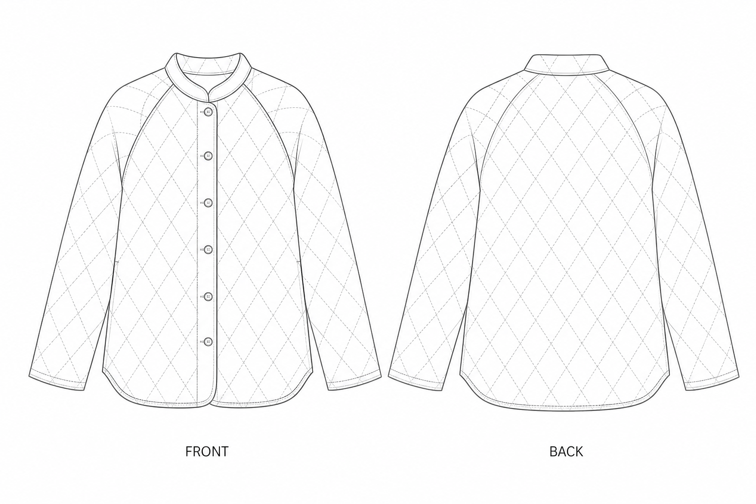 455 Coat Sewing Pattern | Women's Diamond Quilted Jacket front and back technical drawing