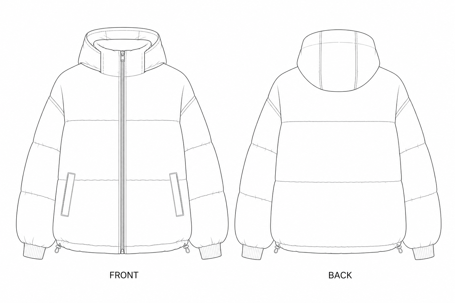 472 Coat Sewing Pattern | Women's Short Puffer Jacket front and back technical drawing