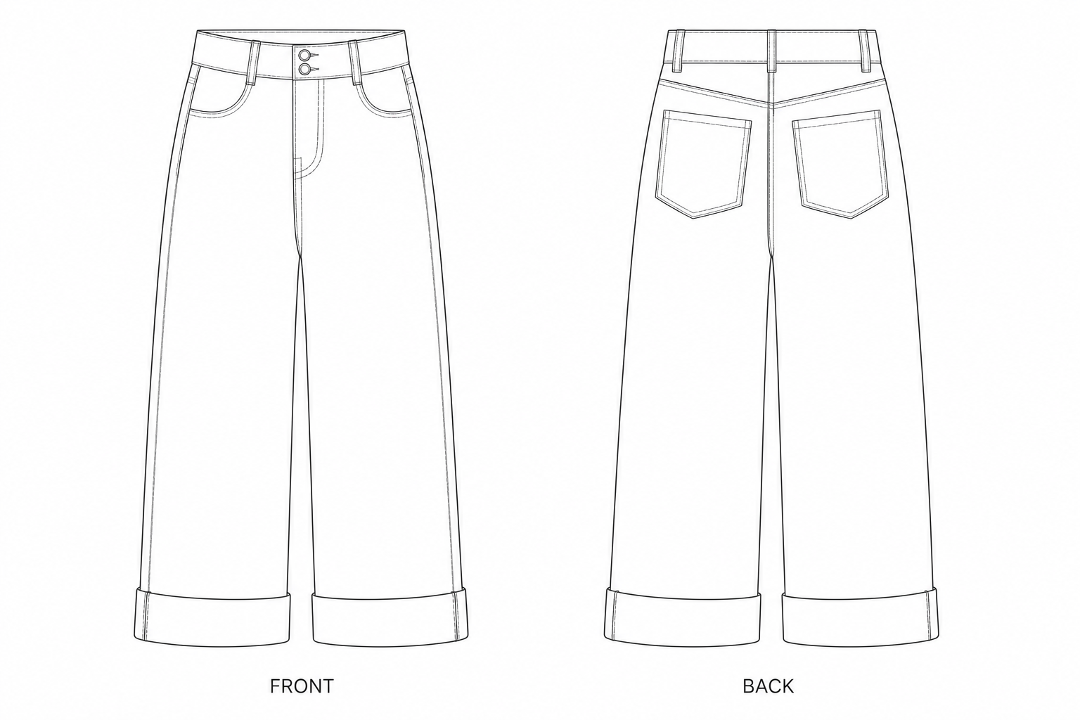483 Women's Cropped Wide-Leg Jeans Sewing Pattern front and back technical drawing