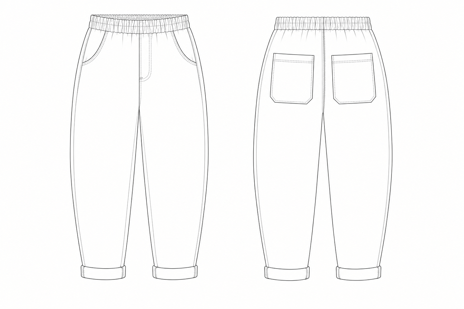 485 Pants Sewing Pattern front and back technical drawing