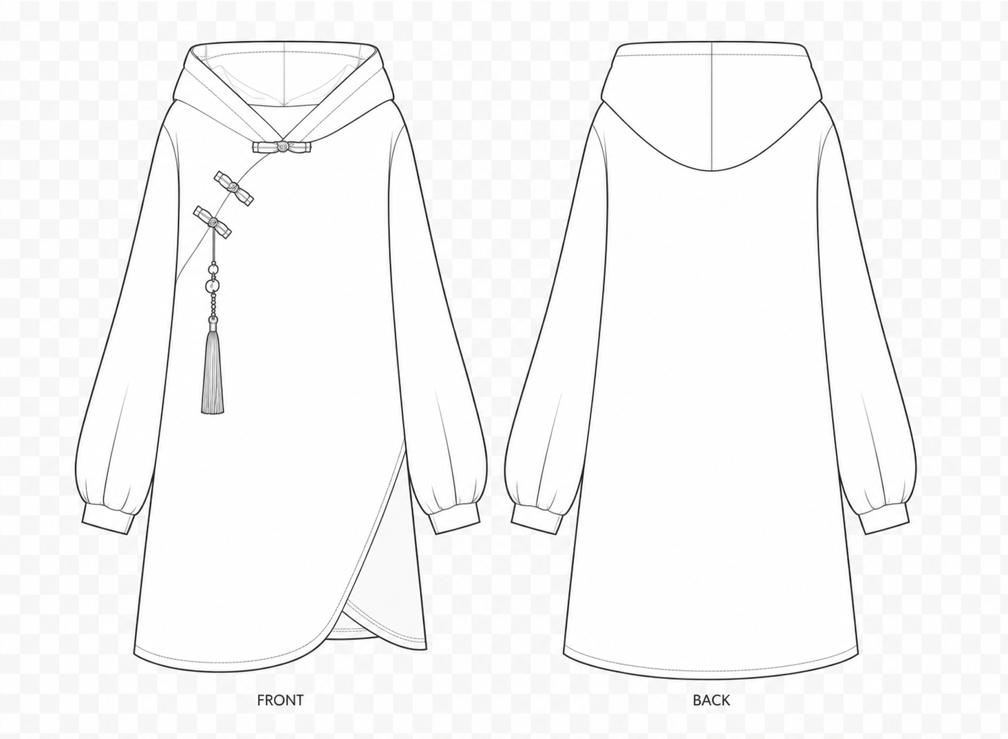 487 Sweatshirt Sewing Pattern | Chinese Inspired Hoodie Dress front and back technical drawing