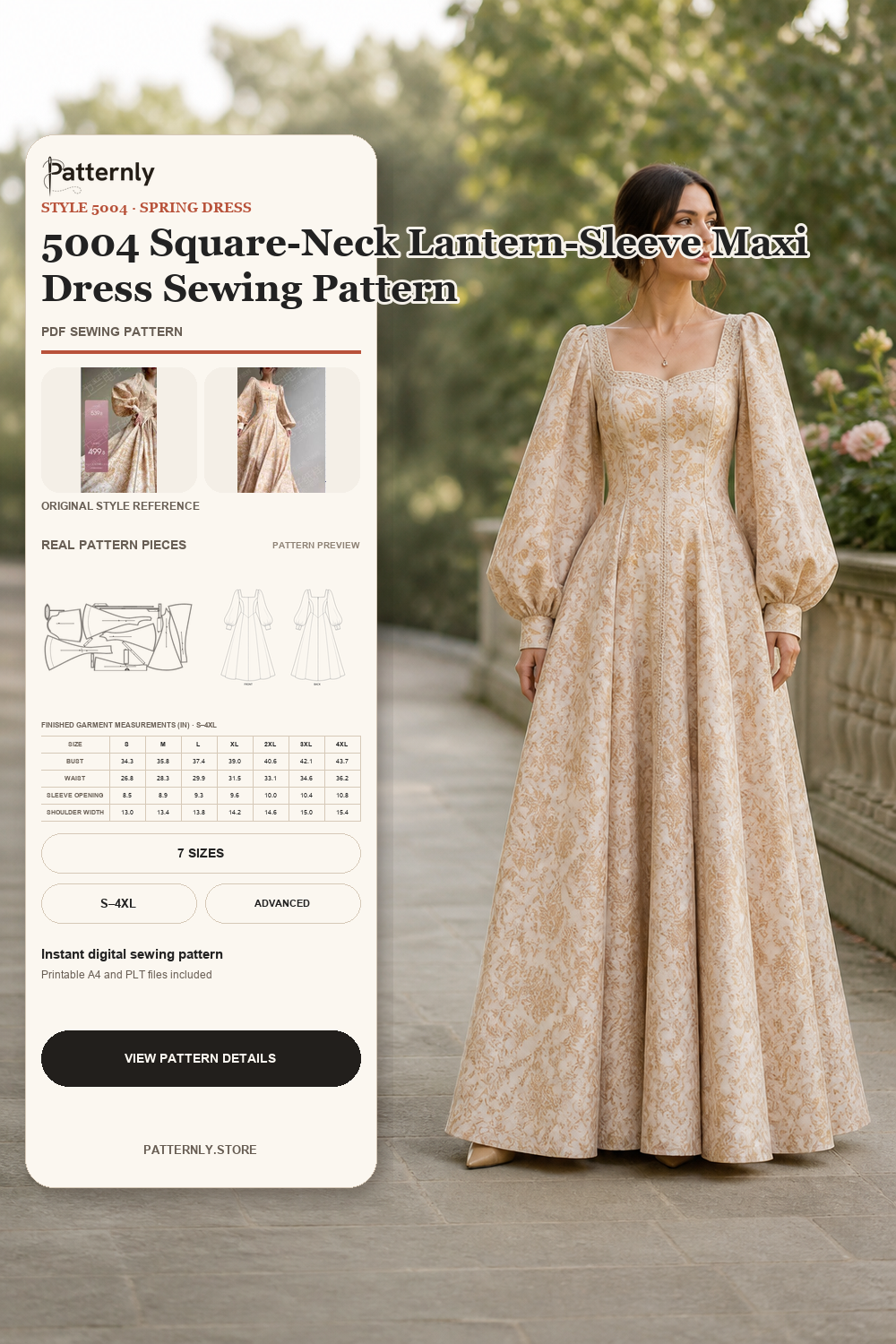 5004 Square-Neck Lantern-Sleeve Maxi Dress Sewing Pattern cover