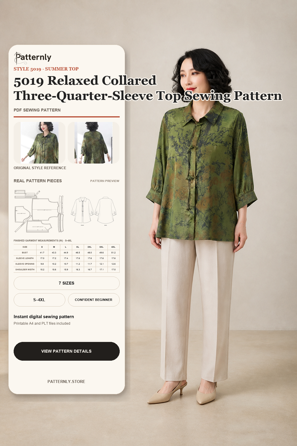 5019 Relaxed Collared Three-Quarter-Sleeve Top Sewing Pattern