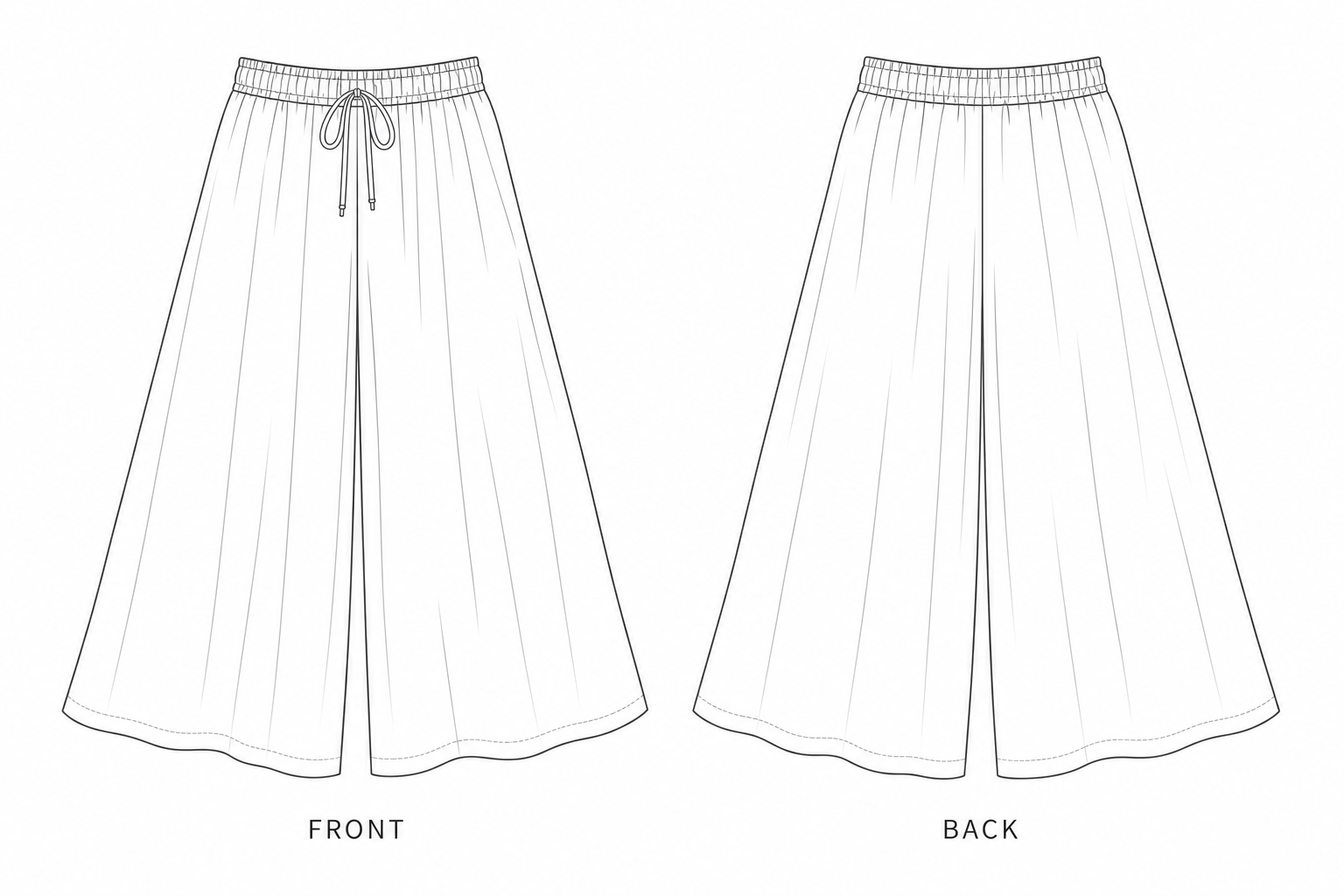 5062 Elastic-Waist Wide-Leg Culottes Sewing Pattern front and back technical drawing