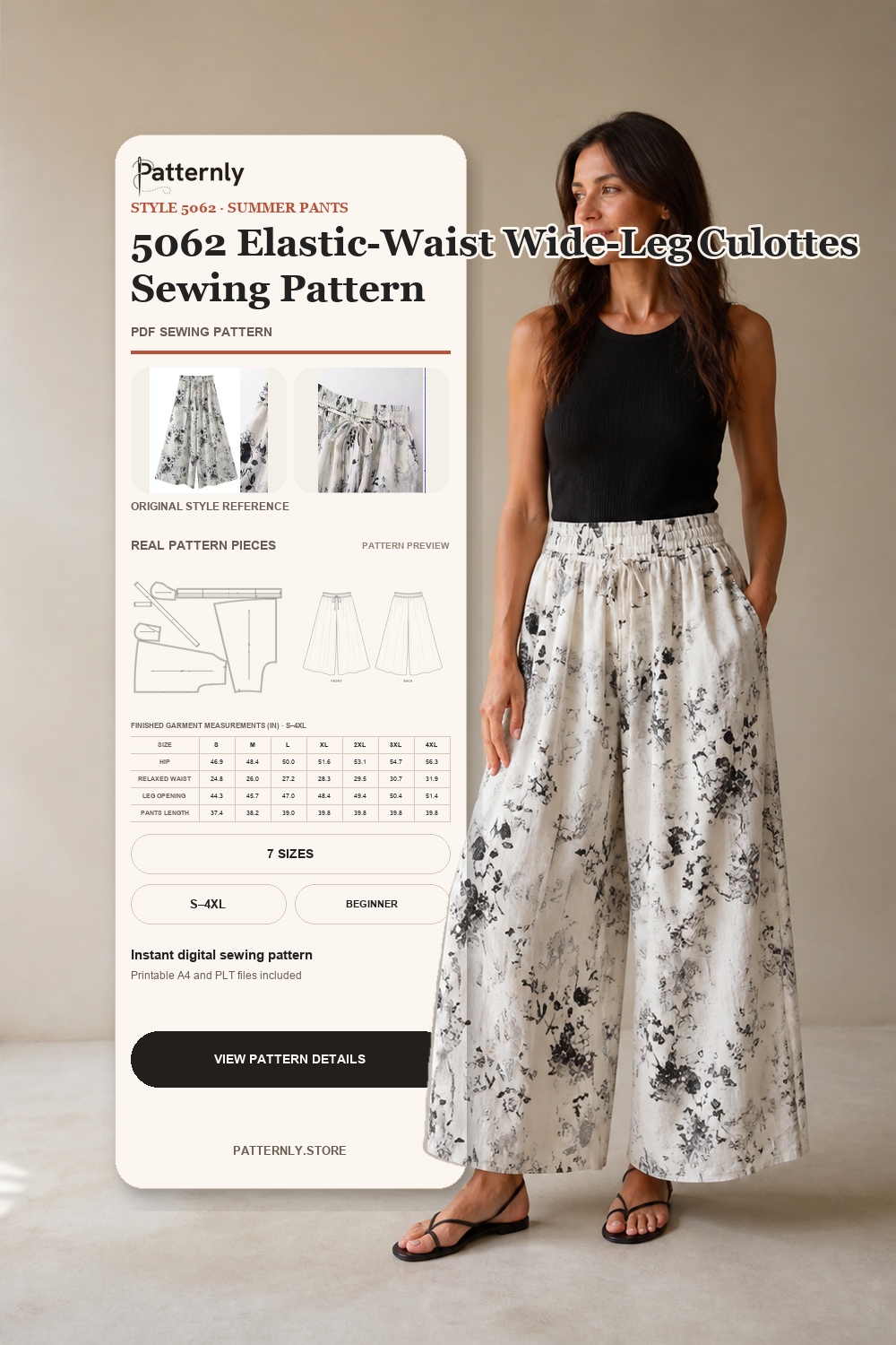 5062 Elastic-Waist Wide-Leg Culottes Sewing Pattern