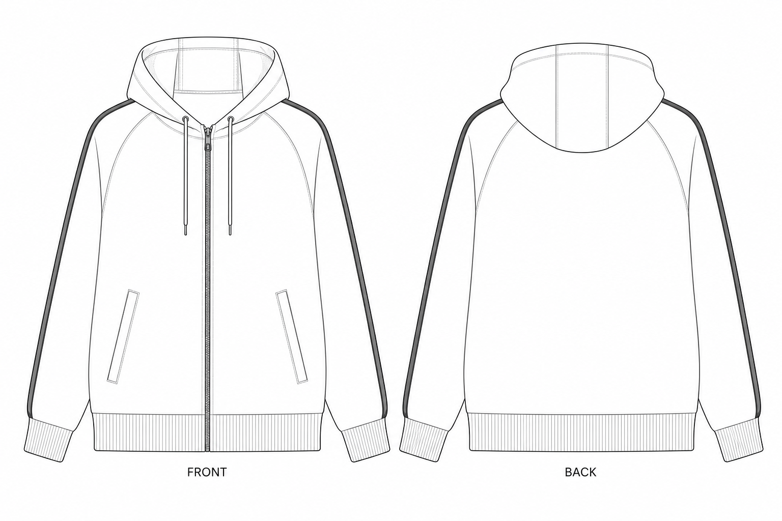 508 Coat Sewing Pattern | Women's Sporty Hooded Zip Jacket front and back technical drawing