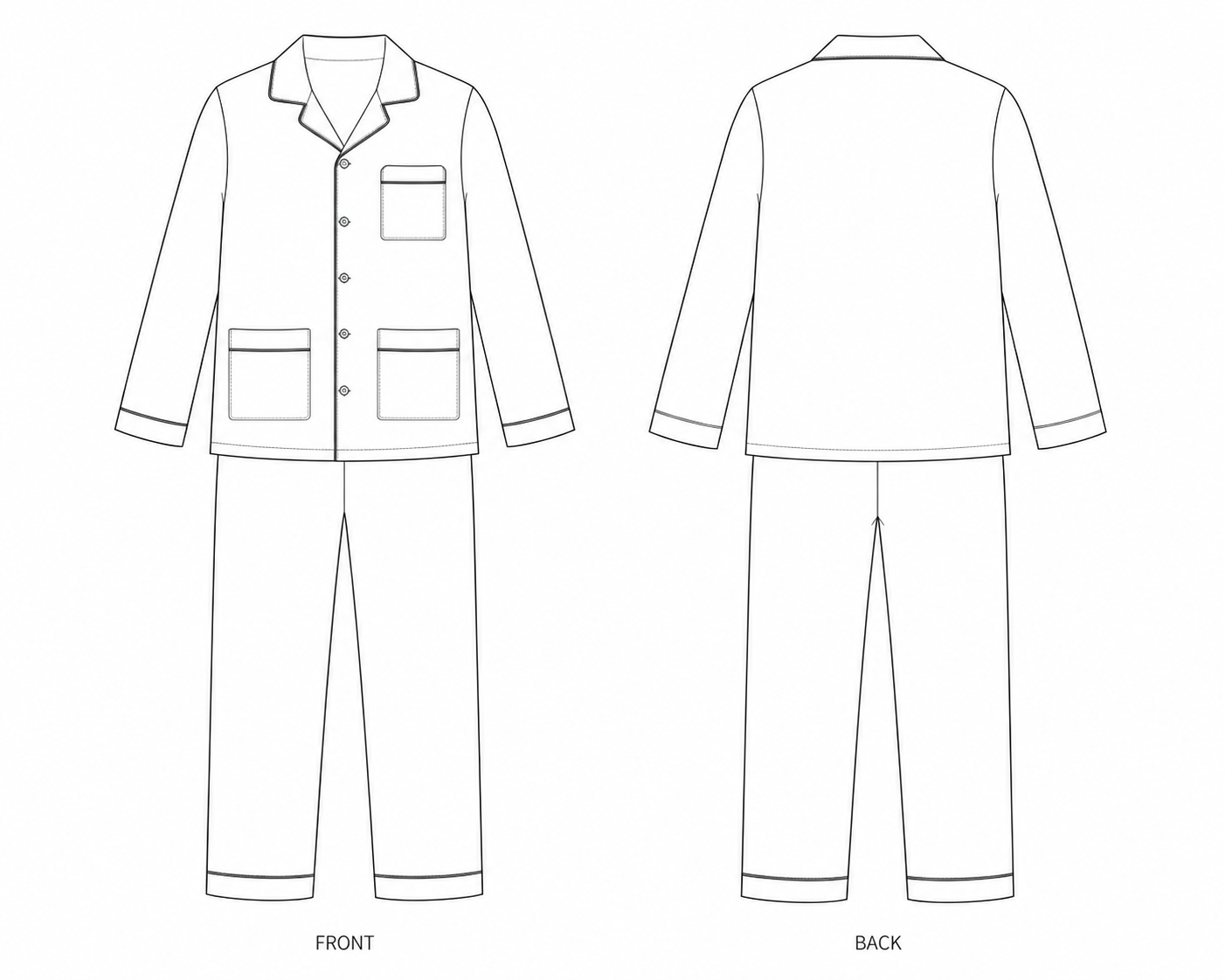 536 Sleepwear Sewing Pattern | Men's Button Front Pajama Set front and back technical drawing