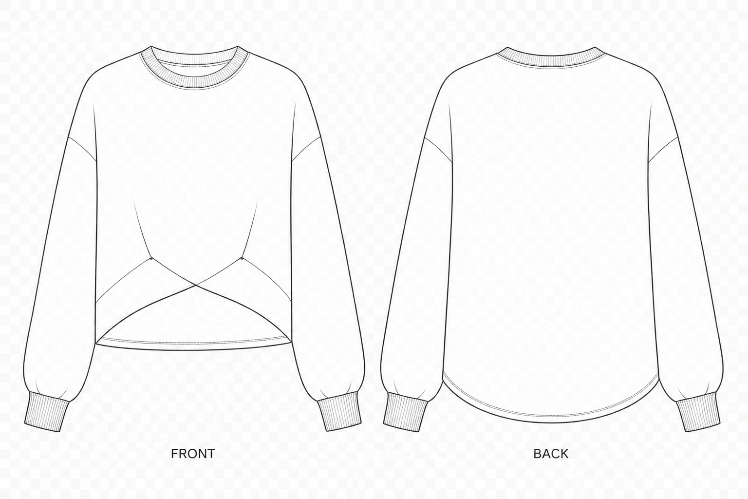 833 Sweatshirt Sewing Pattern | Twisted Front Sweatshirt front and back technical drawing
