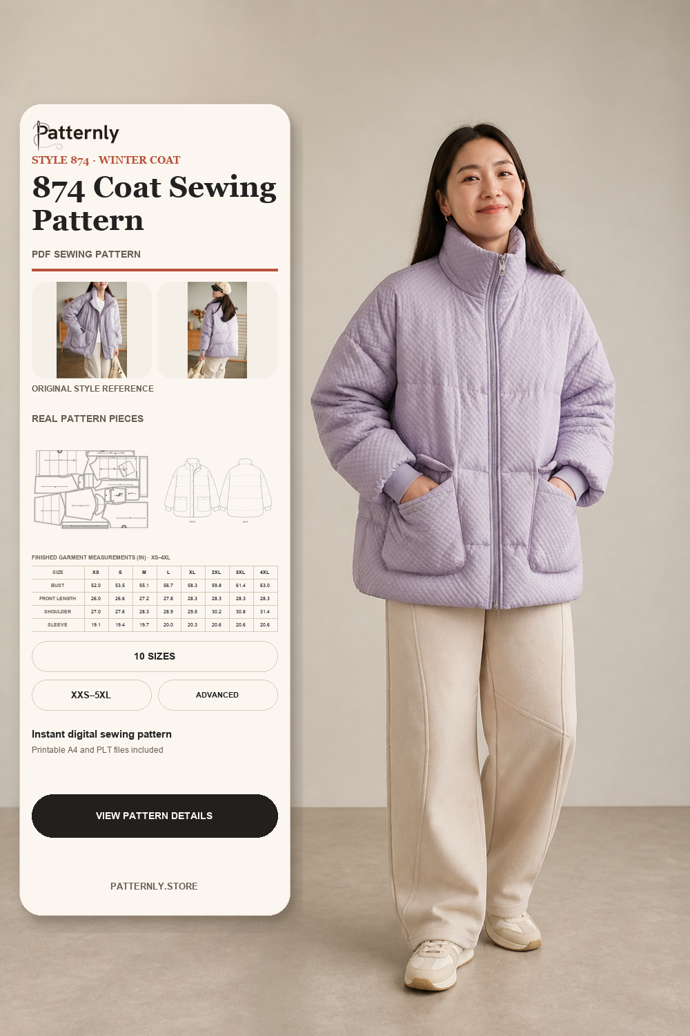 Oversized Stand-Collar Puffer Jacket Sewing Pattern 874 cover