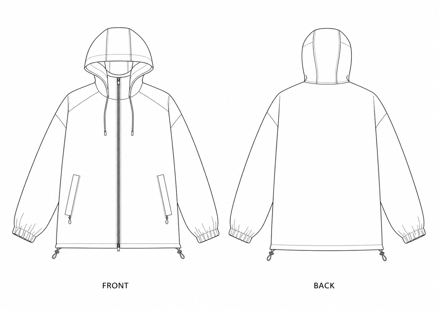 881 Jacket Sewing Pattern | Men's Hooded Shell Jacket front and back technical drawing