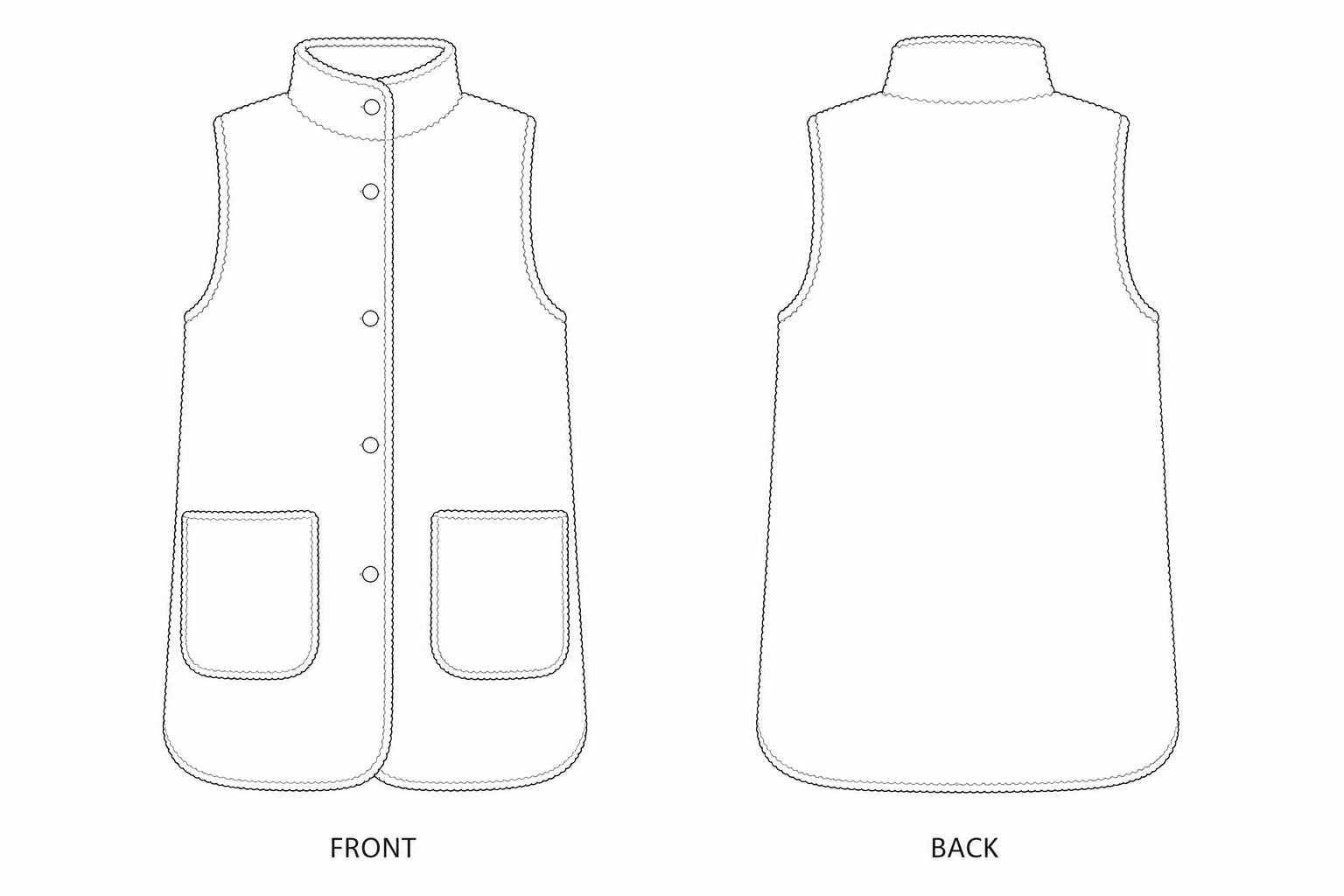 8A21DA Vest Sewing Pattern | Women's Longline Fleece Vest front and back technical drawing