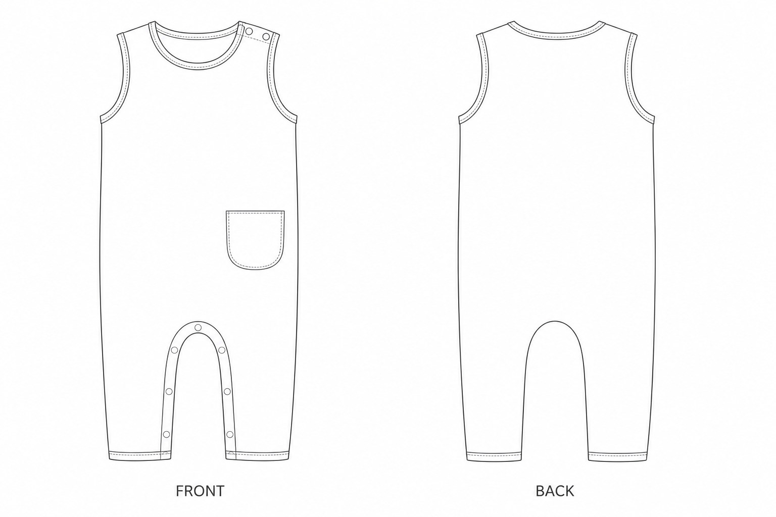 Sleeveless Baby Knit Romper Sewing Pattern front and back technical drawing