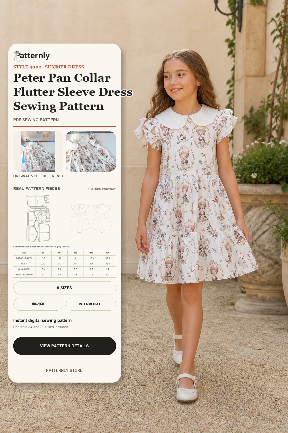 Girls' Peter Pan Collar Flutter-Sleeve Dress Sewing Pattern 9002 cover
