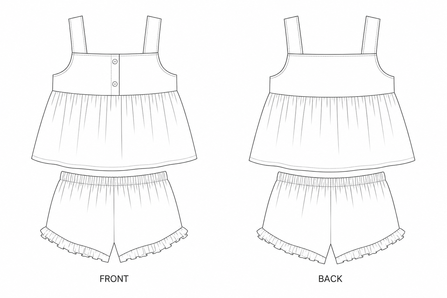 Girls Square-Neck Camisole and Shorts Set Sewing Pattern front and back technical drawing