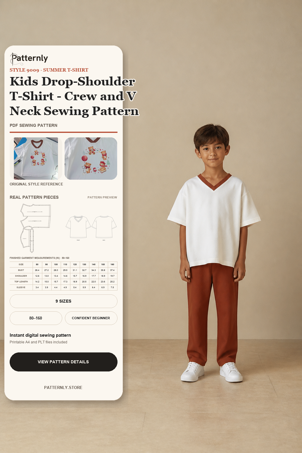 Kids Drop-Shoulder T-Shirt - Crew and V Neck Sewing Pattern 9009 cover
