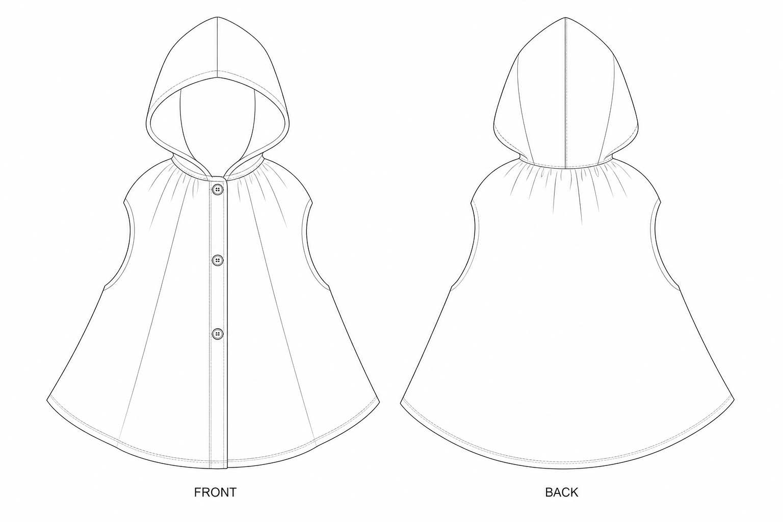 Kids Hooded Cape Sewing Pattern | Kids' hooded cape front and back technical drawing