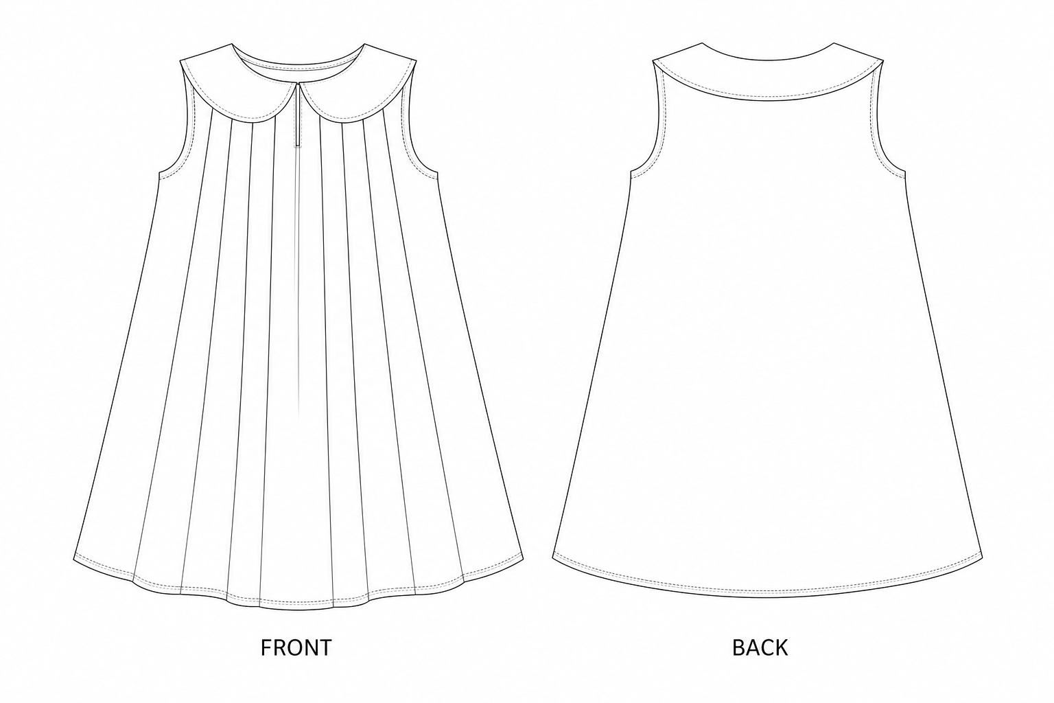 Girls Pleated-Yoke Peter Pan Collar Dress Sewing Pattern front and back technical drawing