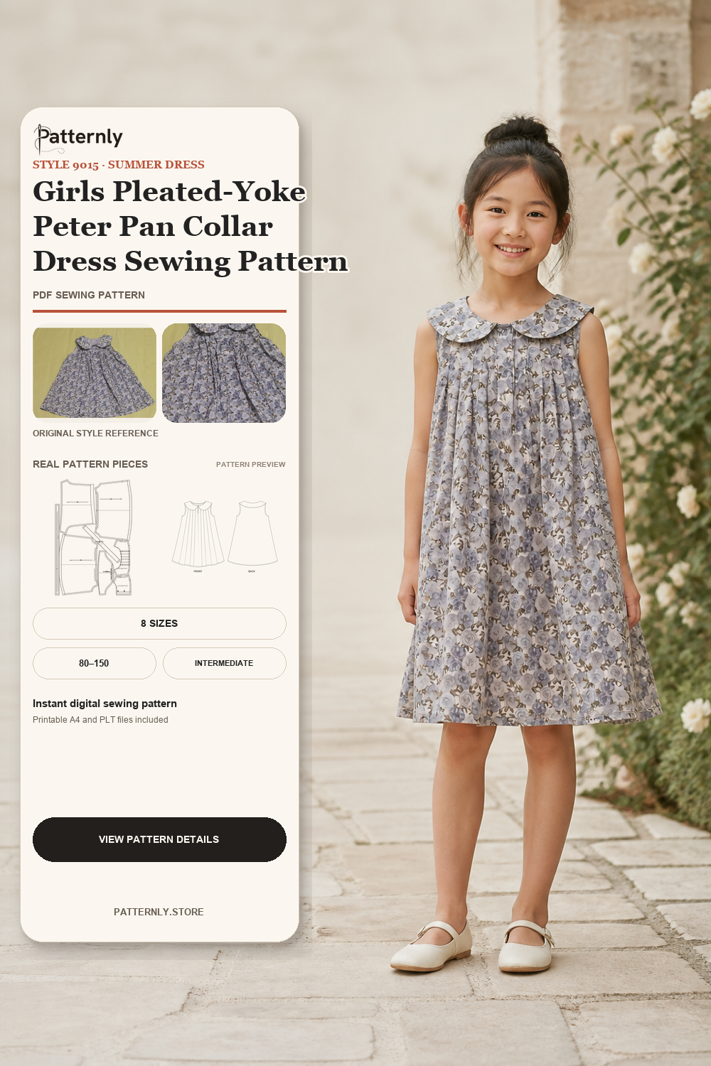 Girls Pleated-Yoke Peter Pan Collar Dress Sewing Pattern 9015 cover