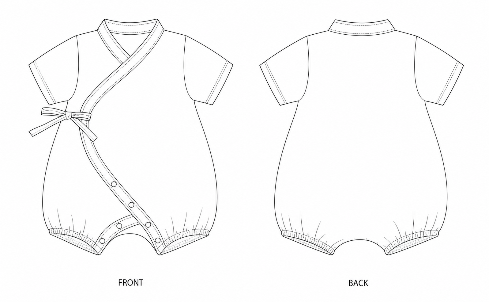 Baby Short-Sleeve Romper Sewing Pattern front and back technical drawing