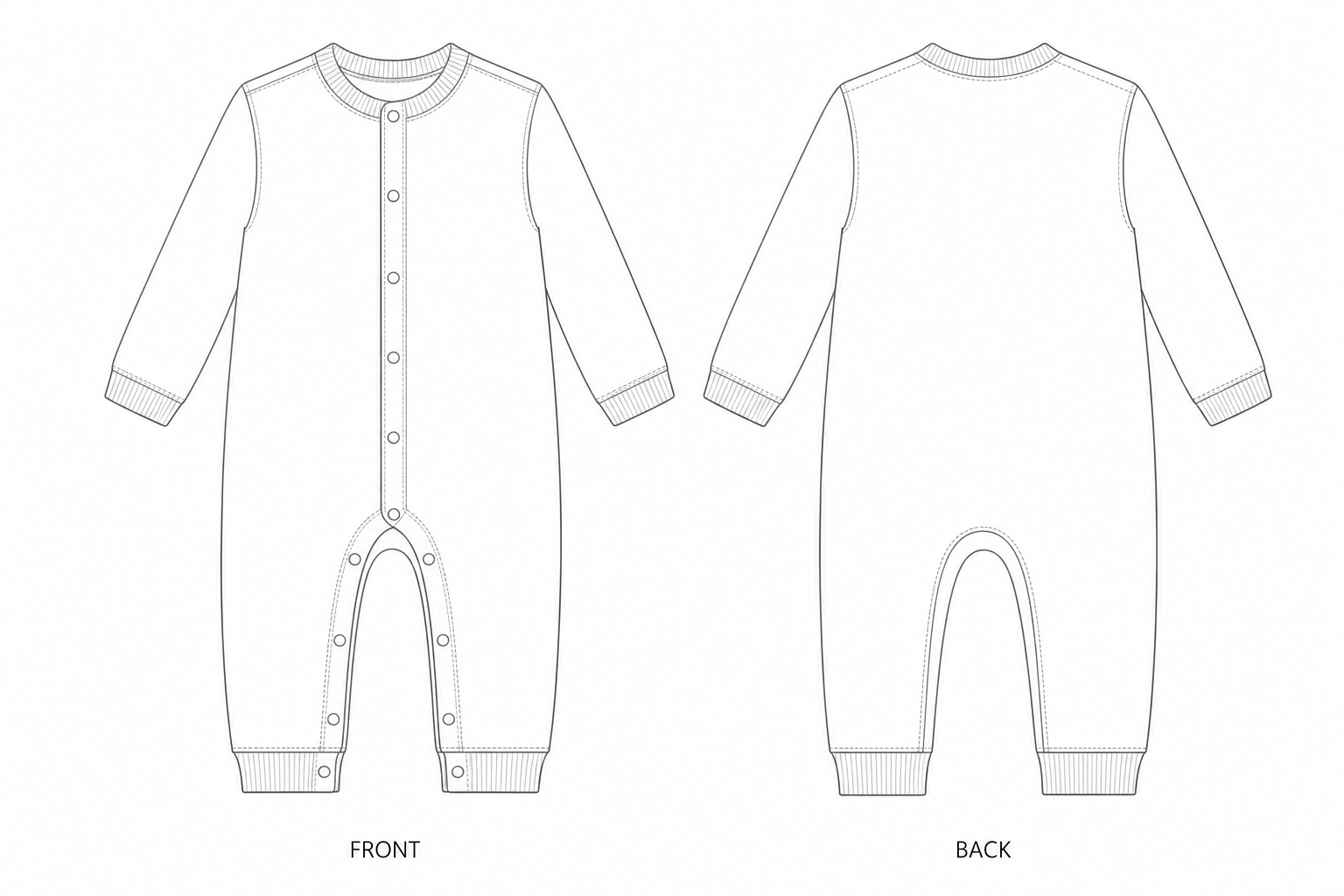 Baby Long-Sleeve Front-Opening Romper Sewing Pattern front and back technical drawing