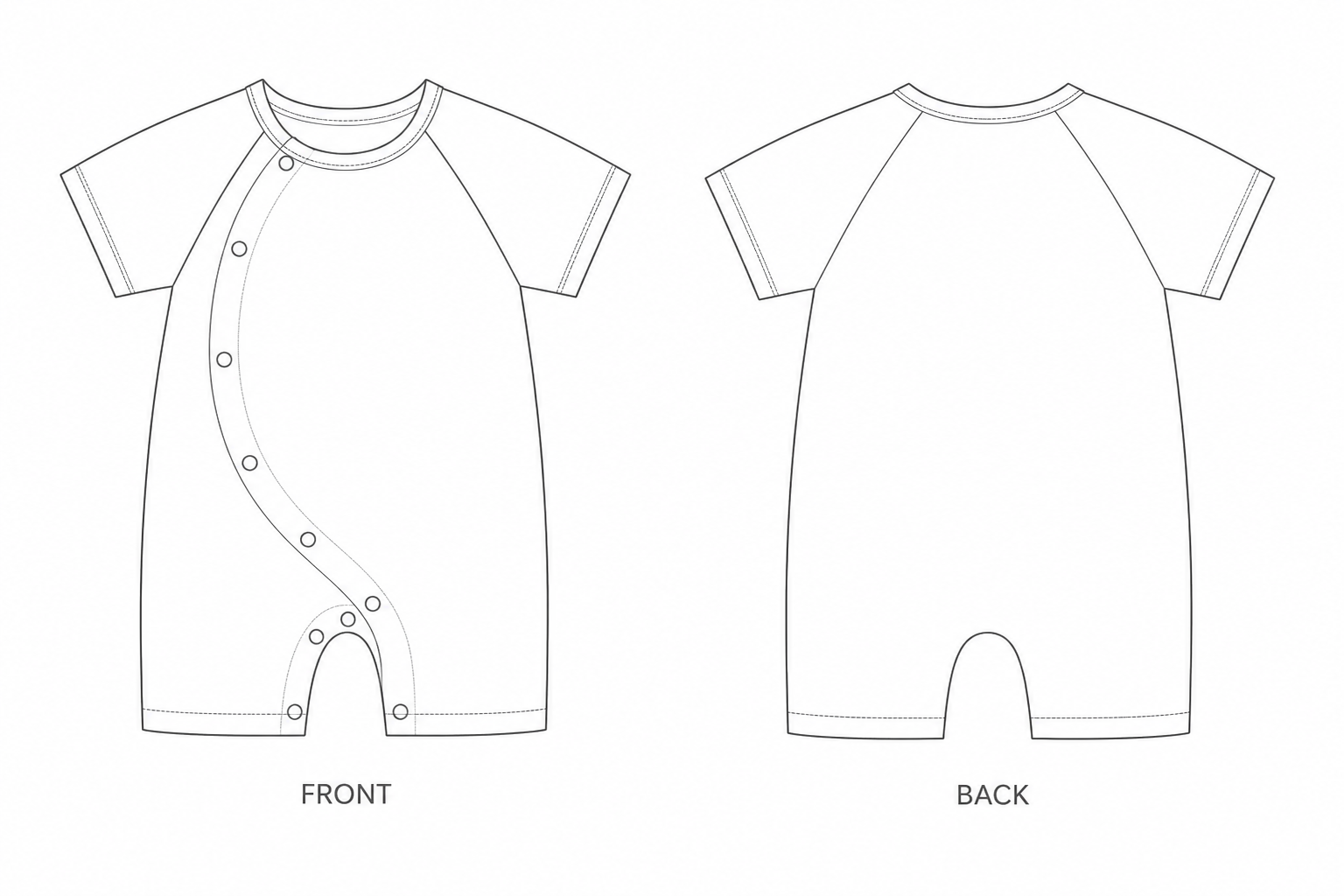 Baby Short Raglan Sleeve Romper Sewing Pattern | Baby short raglan-sleeve romper front and back technical drawing