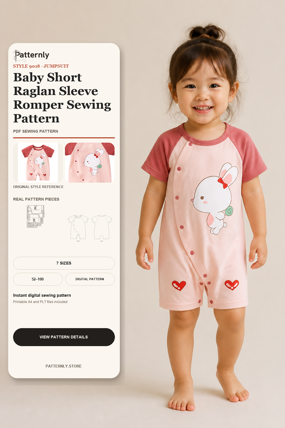 Baby Short Raglan Sleeve Romper Sewing Pattern 9018 cover