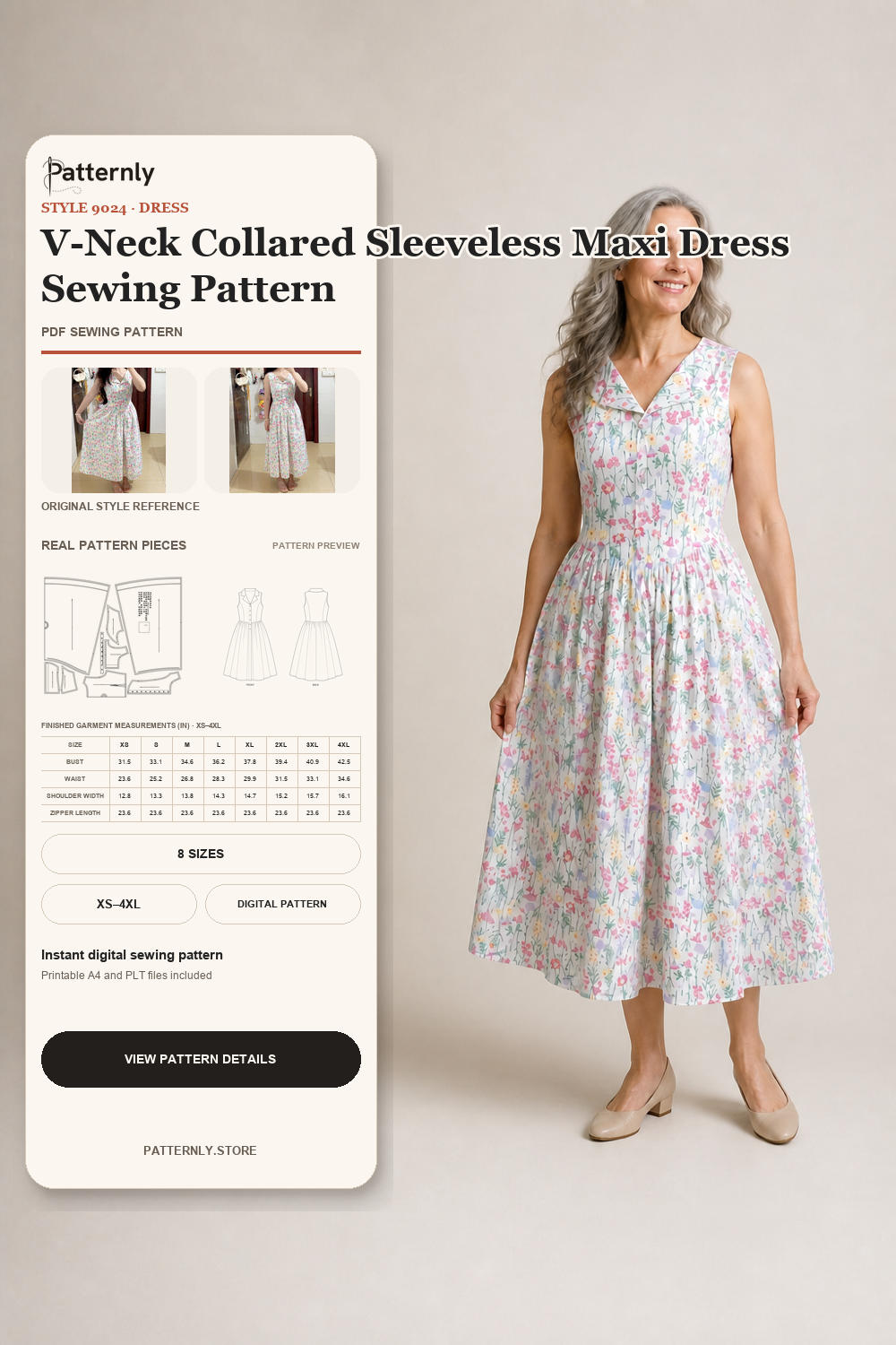 V-Neck Collared Sleeveless Maxi Dress Sewing Pattern 9024 cover