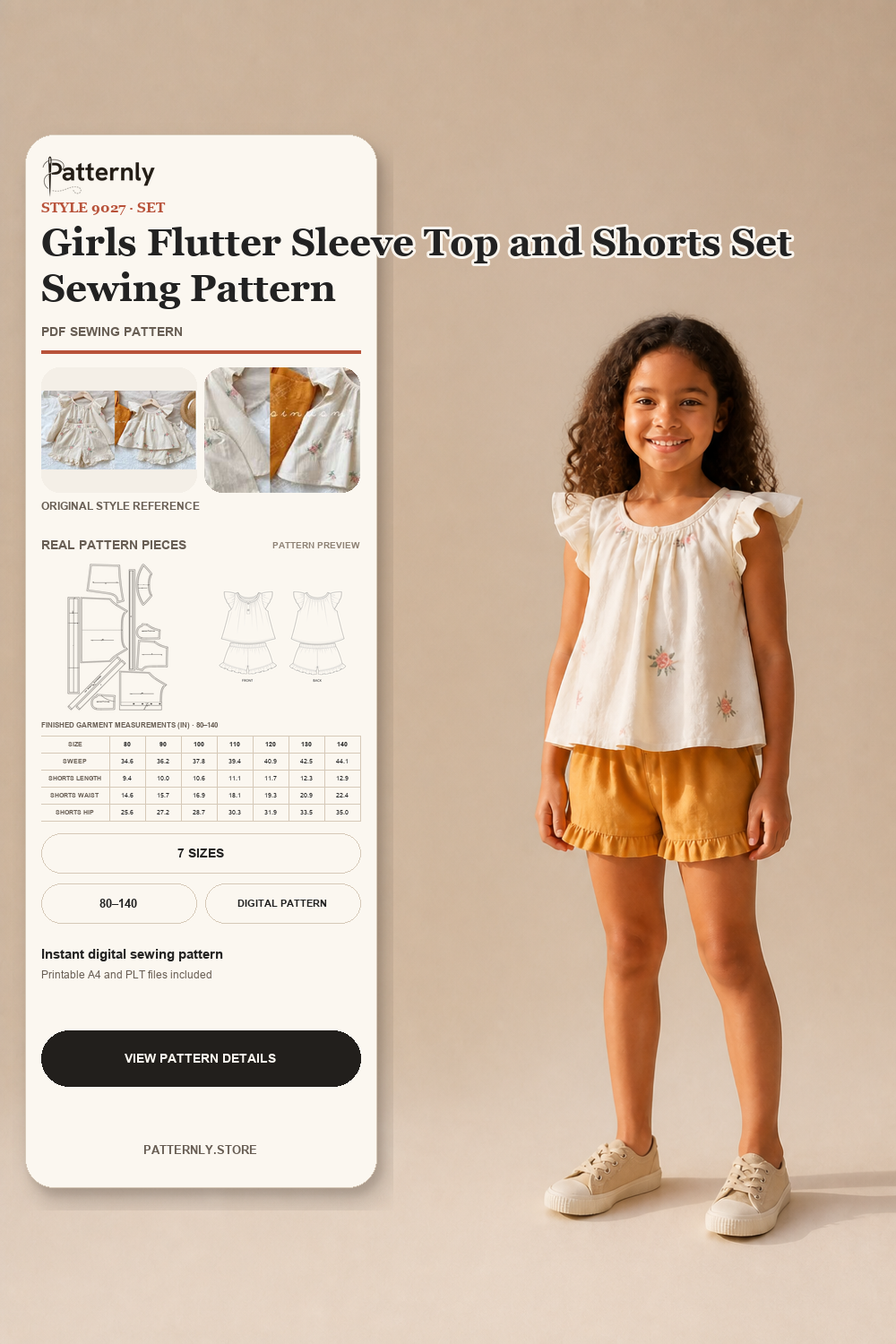 Girls Flutter Sleeve Top and Shorts Set Sewing Pattern 9027 cover