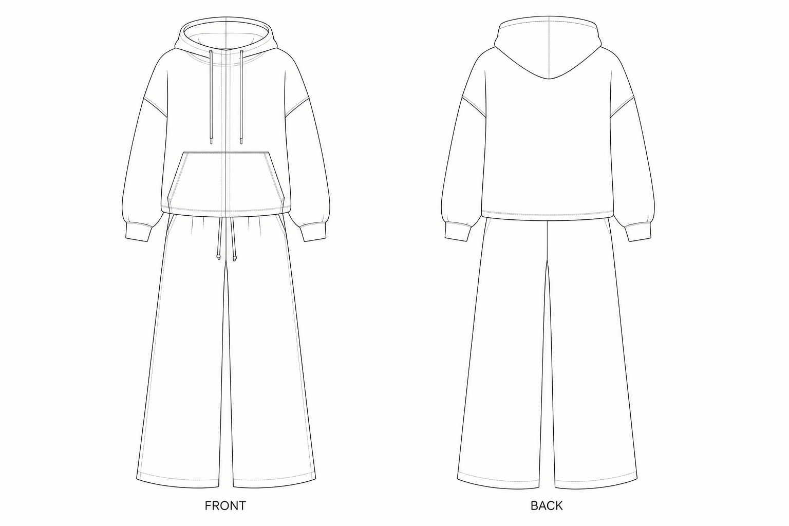 Women’s Hoodie and Wide-Leg Pants Set Sewing Pattern front and back technical drawing