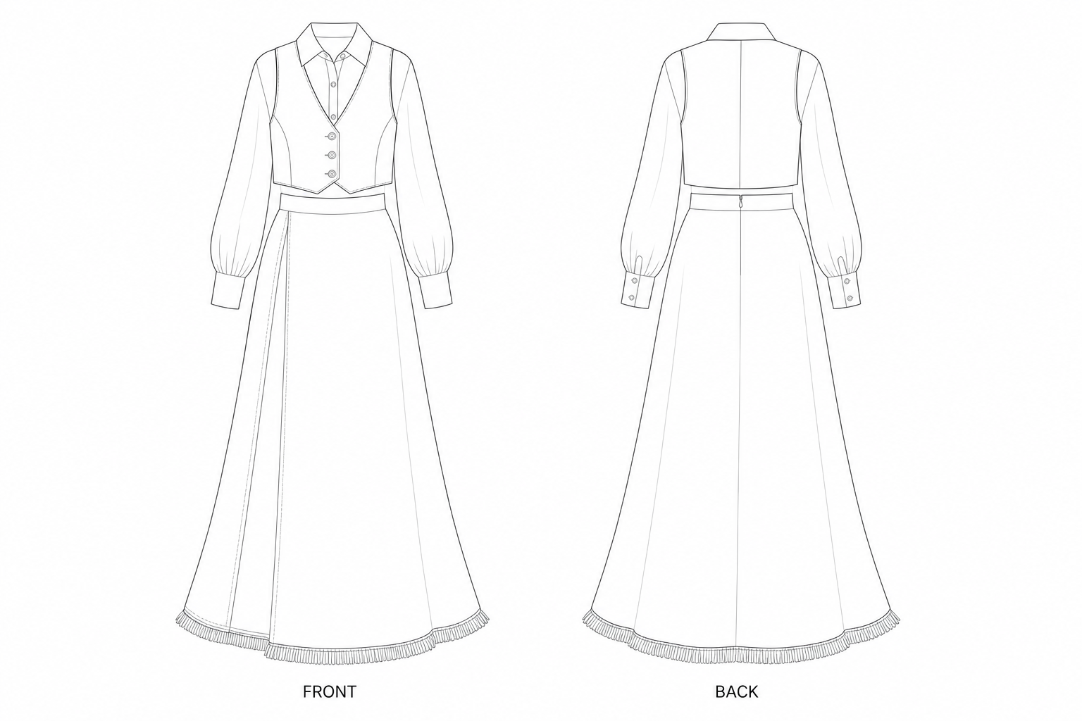 Women’s Vest Shirt and Skirt Set Sewing Pattern front and back technical drawing