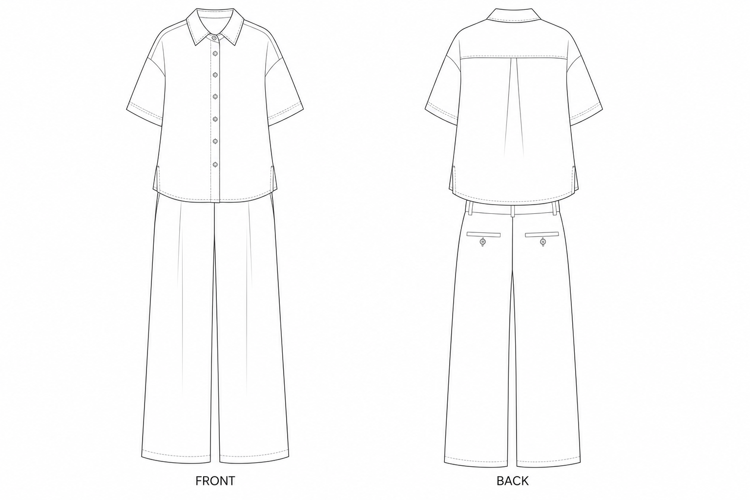 Women’s Shirt and Pants Set Sewing Pattern front and back technical drawing