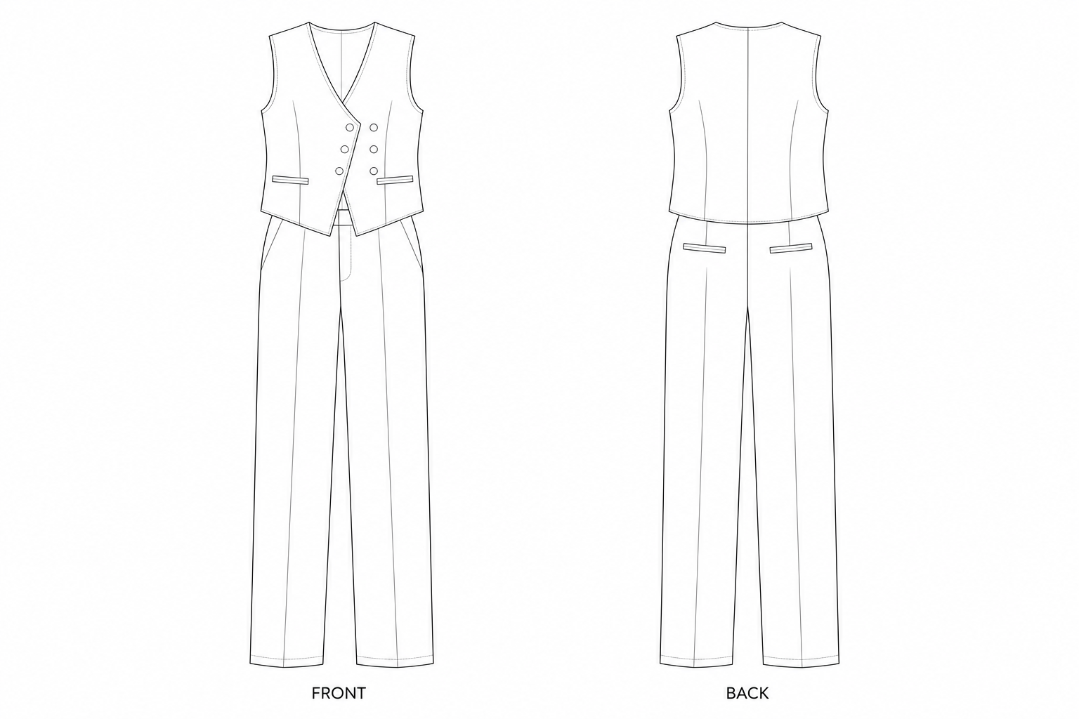 Women’s Vest and Trousers Set Sewing Pattern front and back technical drawing
