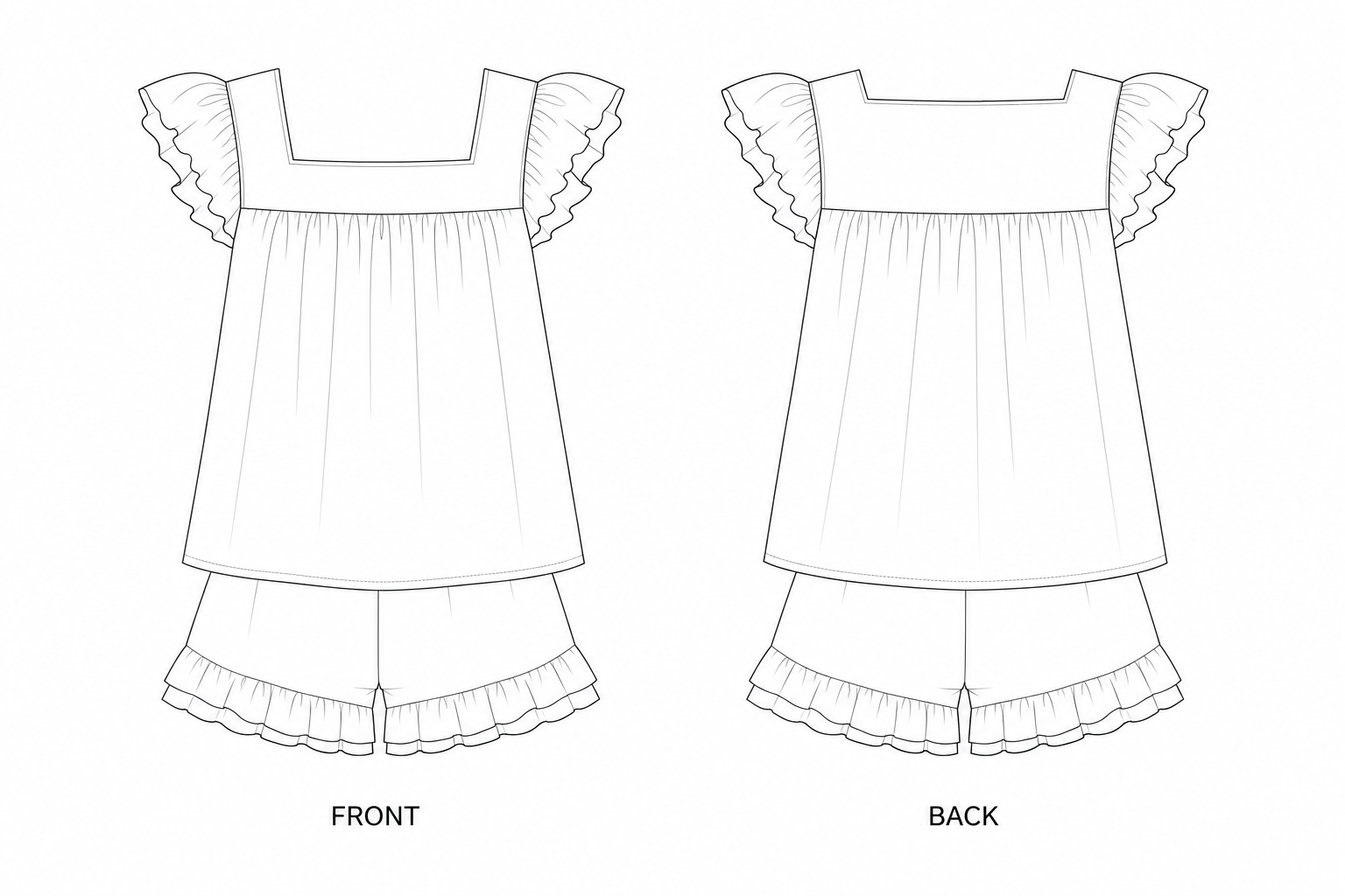 Women’s Short-Sleeve Pajama Set Sewing Pattern front and back technical drawing