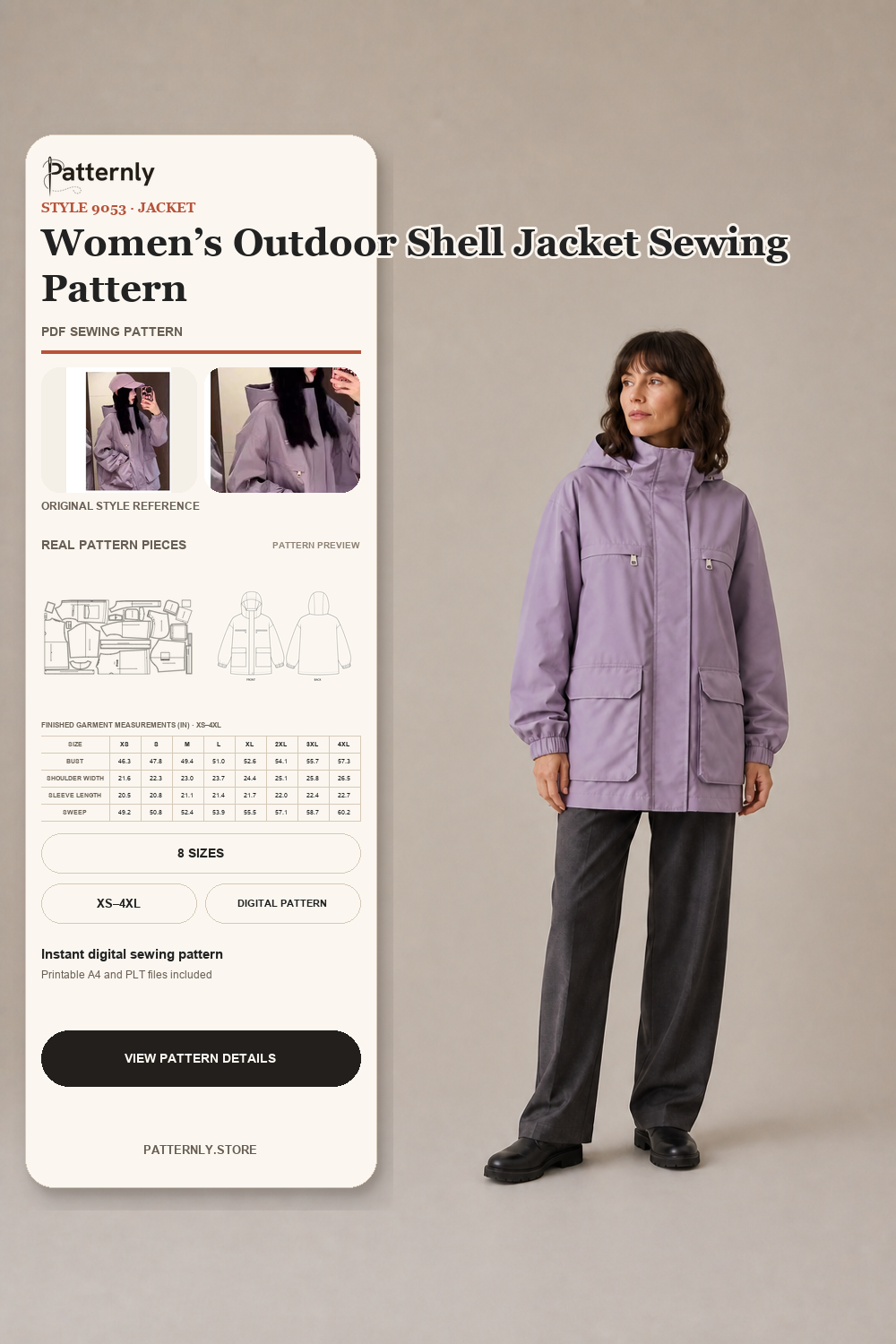 Women’s Outdoor Shell Jacket Sewing Pattern finished garment