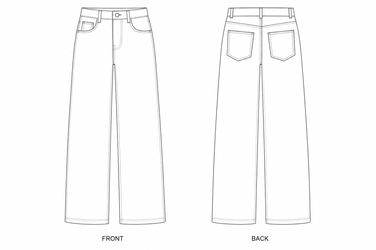 Women’s Jeans Sewing Pattern front and back technical drawing