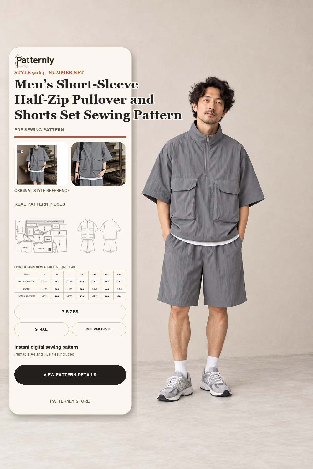 Men’s Short-Sleeve Half-Zip Pullover and Shorts Set Sewing Pattern 9064 cover