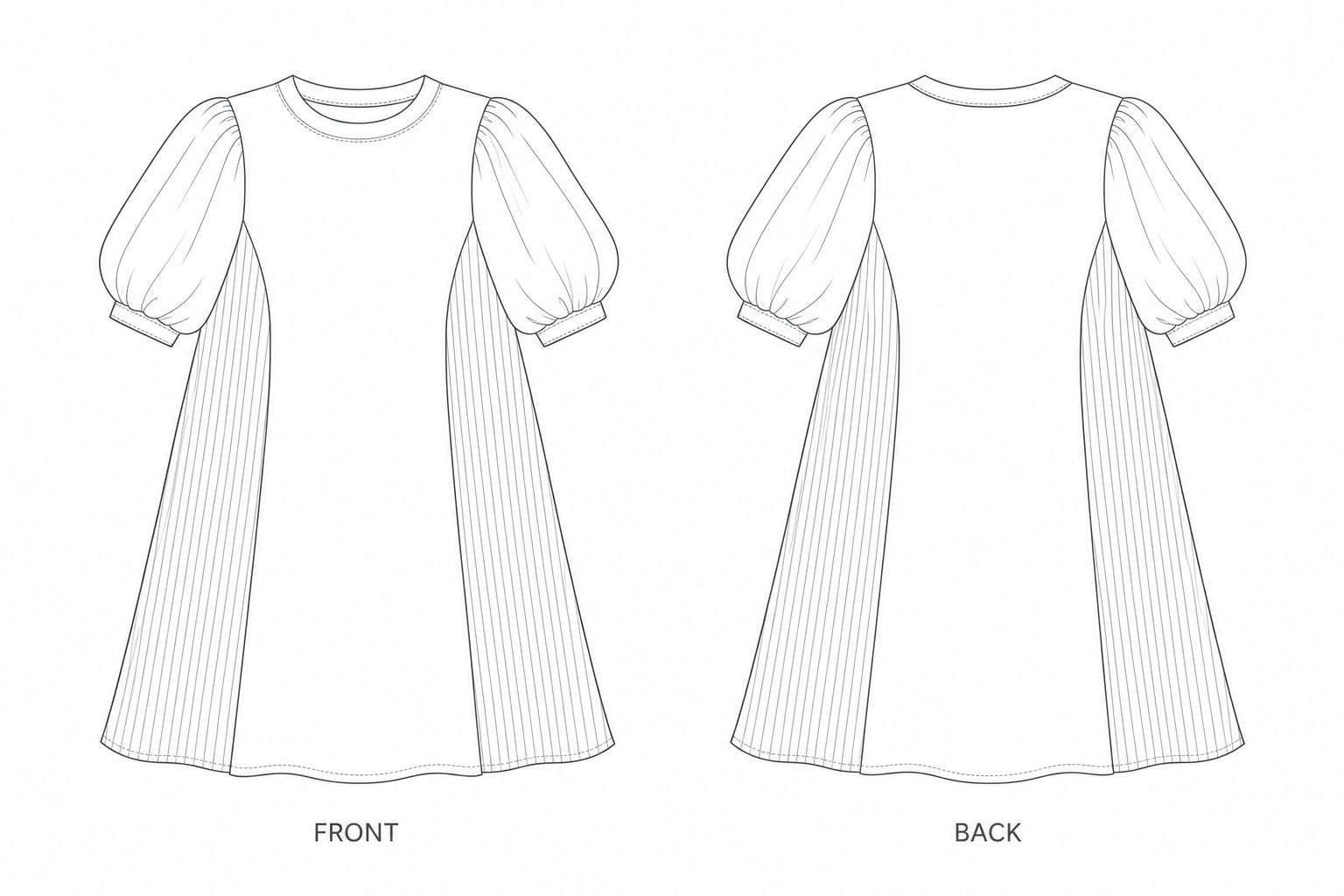 Girls’ Dress Sewing Pattern front and back technical drawing
